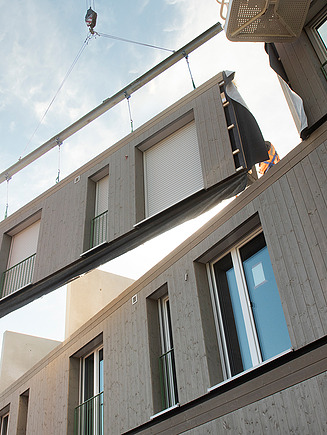 Photo of prefabricated timber construction element for the Kernen am Kran residential project