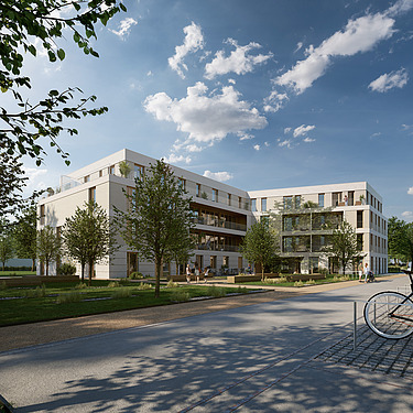 Visualisierung des Bauen im Bestand-Projektes Blaues Hochhaus in Cottbus