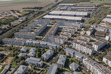 Aerial view of the Sonnenhöfe district in Berlin Neu-Schönefeld