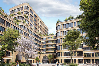 Courtyard with trees and a high-rise building