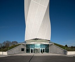 The TK Elevator Test Tower in Rottweil, view of the base, entrance area