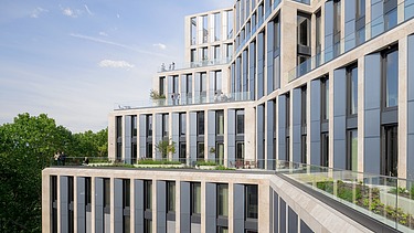 Exterior view of an office building. The building has gradations.