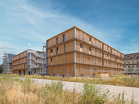 Foto des Collegium Academicums in Heidelberg. Man sieht ein Gebäude aus Holz.