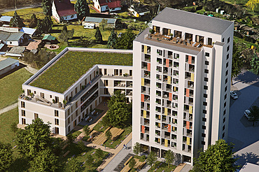 Visualisierung des Bauen im Bestand-Projektes Blaues Hochhaus in Cottbus