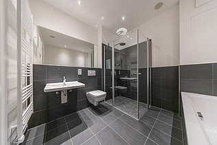 Example of a bathroom with dark tiles in the PURA residential complex