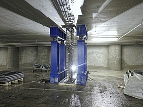 Photo of blue props and formwork