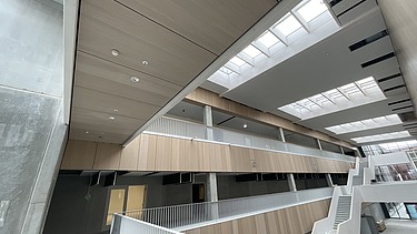 Foto des Innenausbaus einer Gewerbehalle. Man sieht viele Holzoberflächen.