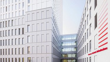 Close-up of two parts of a hospital building