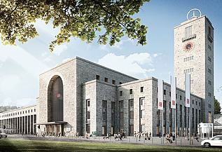 Visualisierung des neuen Haupteingangs des Bonatzbaus mit barrierefreier Erschließungsebene und modernem Zugang.