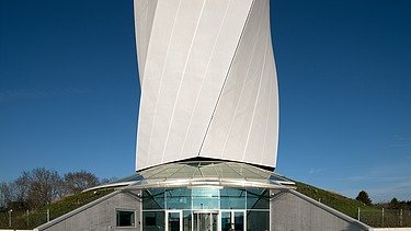 The TK Elevator Test Tower in Rottweil, view of the base, entrance area