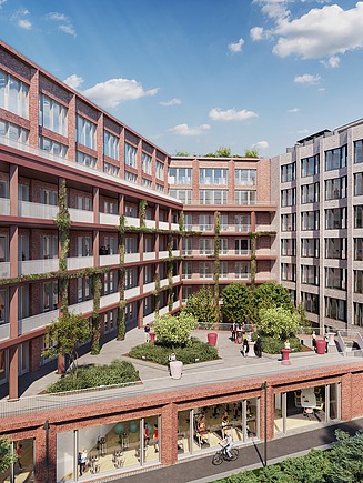 Außenansicht auf das Büro und den Innenhof des Bürokomplexes BORX in Hamburg