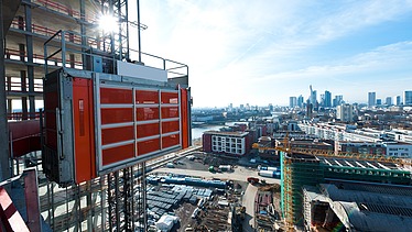 Picture of a freight elevator on the building shell
