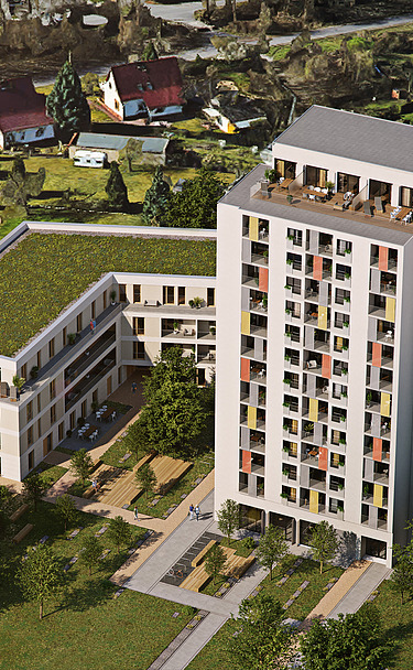 Visualisierung des Bauen im Bestand-Projektes Blaues Hochhaus in Cottbus