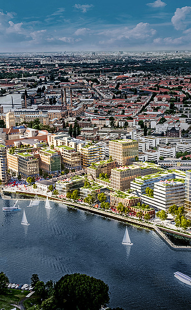 Zu sehen ist eine Visualisierung des kompletten Quartiers Behrens-Ufer in Berlin
