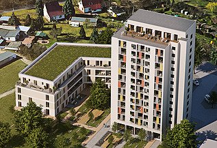 Visualisierung des Bauen im Bestand-Projektes Blaues Hochhaus in Cottbus