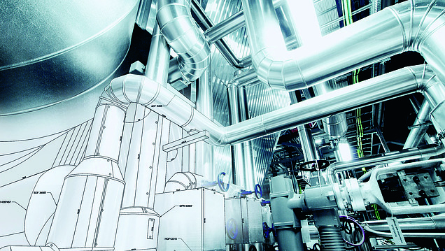 Photo Sketch of a piping concept in combination with a photo of industrial facilities