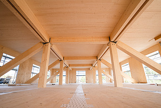 Foto der Uni Witten von innen. Man sieht Brettschichtholzbalken und eine großflächige LENO-Holzdecke.