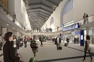 Innenansicht der Großen Schalterhalle des Bonatzbaus mit denkmalgerechter Sicherung und neuen Tragwerken.