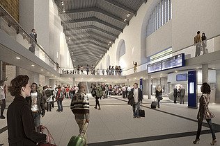 Interior view of the large counter hall of the Bonatz building with monument protection and new supporting structures.