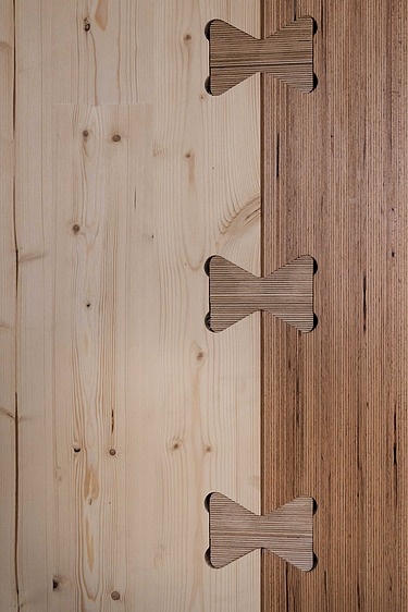 Foto einer Holz-Holz-Verbindung. Man sieht zwei Holzelemente, die wieder rum mit Holzstöpseln verbunden sind.