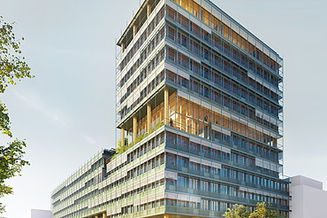 Foto einer Visualisierung des neuen UmweltHauses in Nürnberg. Man sieht ein Hochhaus aus Holz.