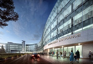 Image of the exterior façade of the future US hospital in Weilerbach. Large glass front, curved building