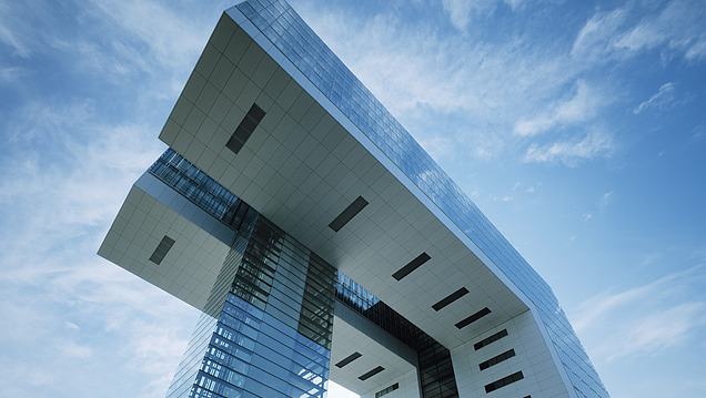 Photograph of the Kranhaus Süd at Rheinauhafen, Cologne, by architect Hadi Teherani 