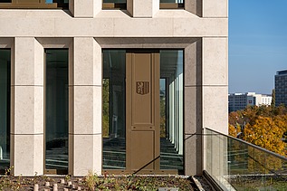 Detailed view of the facade of the new administration center - Stadtforum Dresden with city coat of arms