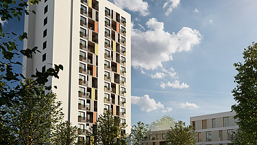 Visualization of the Bauen im Bestand project Blue Tower in Cottbus