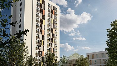 Visualization of the Bauen im Bestand project Blue Tower in Cottbus