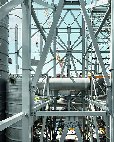 Close-up of a silver-grey steel construction of the Amager Bakke project