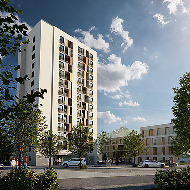 Visualisierung des Bauen im Bestand-Projektes Blaues Hochhaus in Cottbus