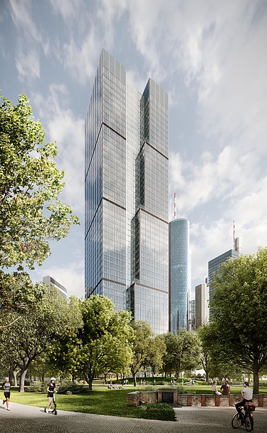 Exterior view of the Central Business Tower Frankfurt from the park