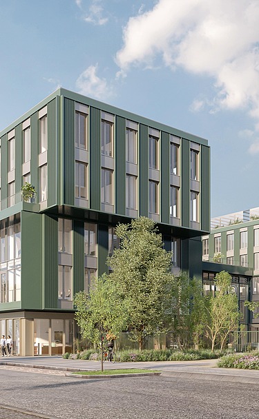 Render image of a sustainable office building with a green wooden façade