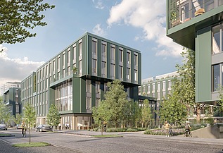 Renderbild eines nachhaltigen Bürogebäudes mit einer grünen Holzfassade