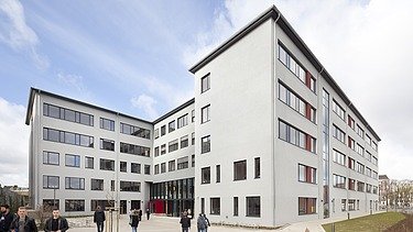 Entrance area of the schoolyard with modern architecture and barrier-free access