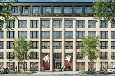 Visualisation of the modern beige façade in the B'Ella neighbourhood