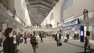 Innenansicht der Großen Schalterhalle des Bonatzbaus mit denkmalgerechter Sicherung und neuen Tragwerken.