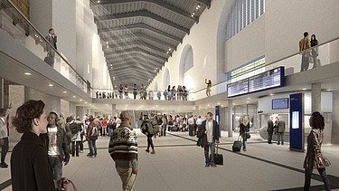 Interior view of the large counter hall of the Bonatz building with monument protection and new supporting structures.
