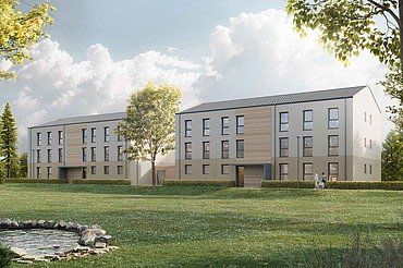 Visualisierung eines Wohngebäudes in Holz-Hybridbausweise in Landshut