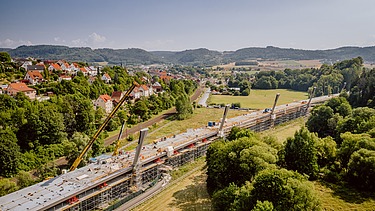 Drone image of the Schorgast viaduct construction site during the day
