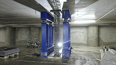 Photo of blue props and formwork