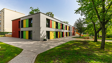 Außenansicht der Kindertagesstätte mit Garten