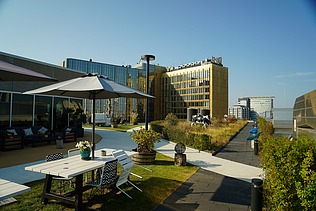 View of the roof terrace of the new Axel Springer building in Berlin