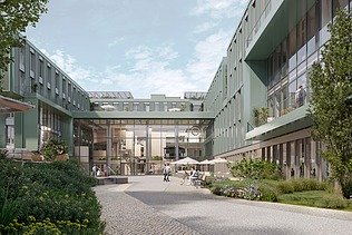 Renderbild eines Innenhofs eines Bürogebäudes