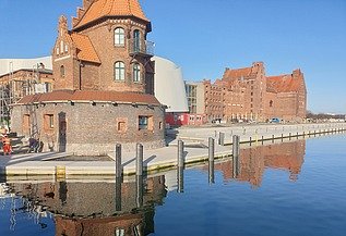 View of a brick house on Stralsund Harbour Island