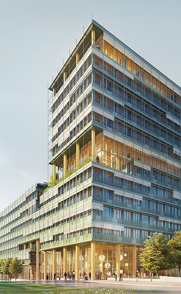 Foto einer Visualisierung des neuen UmweltHauses in Nürnberg. Man sieht ein Hochhaus aus Holz.