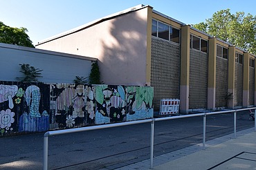 Picture shows a school building and a railing in front of it