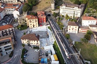 Aerial view of the redevelopment area next to the railroad tracks