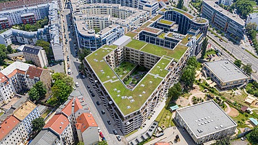 Aerial view of the Atriumquartier residential complex in Leipzig